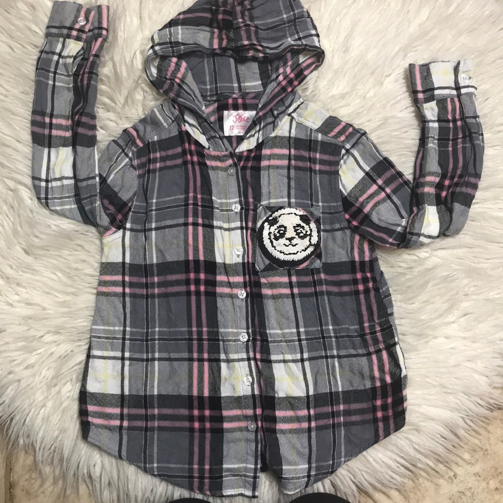 Hooded flannel button down flip sequins